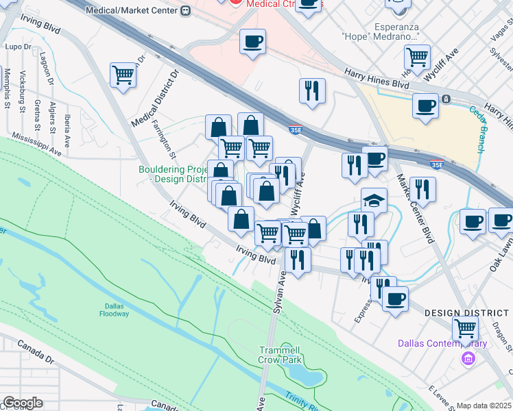 map of restaurants, bars, coffee shops, grocery stores, and more near 2278 Monitor Street in Dallas