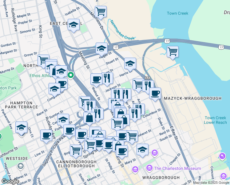 map of restaurants, bars, coffee shops, grocery stores, and more near 201 Nassau Street in Charleston