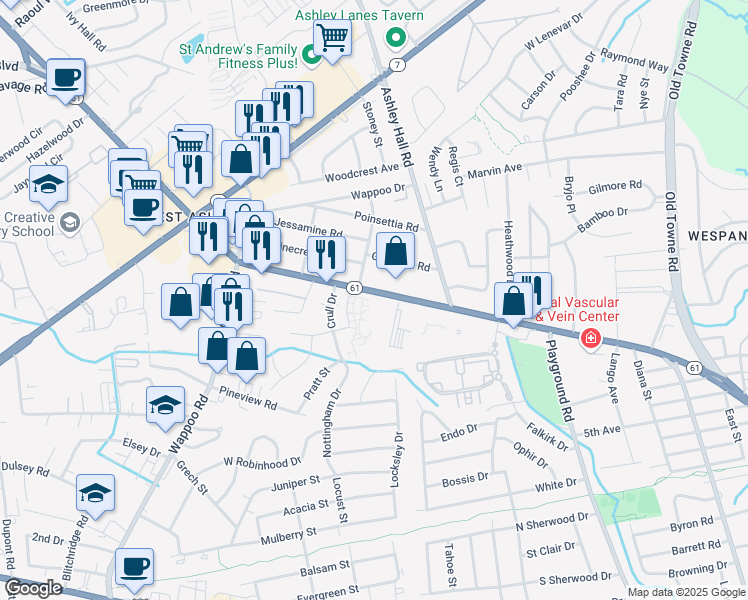 map of restaurants, bars, coffee shops, grocery stores, and more near 75538 Ashley River Road in Charleston