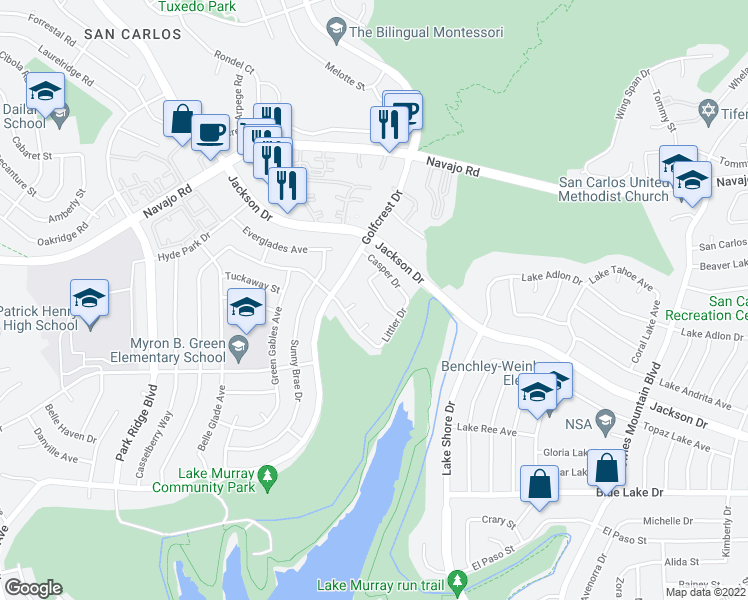 map of restaurants, bars, coffee shops, grocery stores, and more near 7347 Player Drive in San Diego