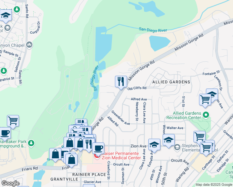 map of restaurants, bars, coffee shops, grocery stores, and more near 6902 Mission Gorge Road in San Diego