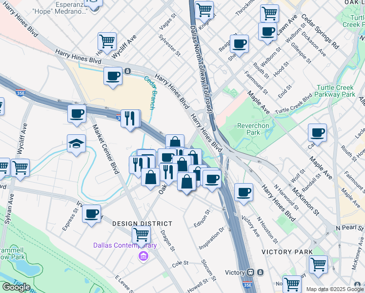 map of restaurants, bars, coffee shops, grocery stores, and more near 1820 North Stemmons Freeway in Dallas