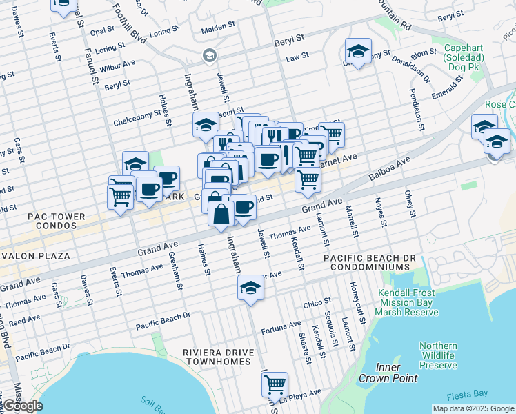 map of restaurants, bars, coffee shops, grocery stores, and more near 1703 Hornblend Street in San Diego