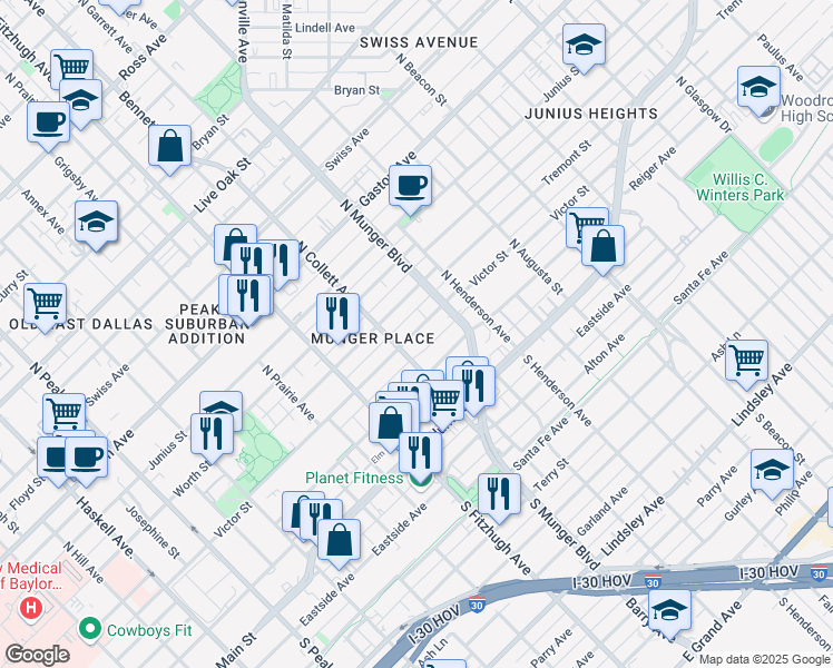 map of restaurants, bars, coffee shops, grocery stores, and more near 5016 Victor Street in Dallas