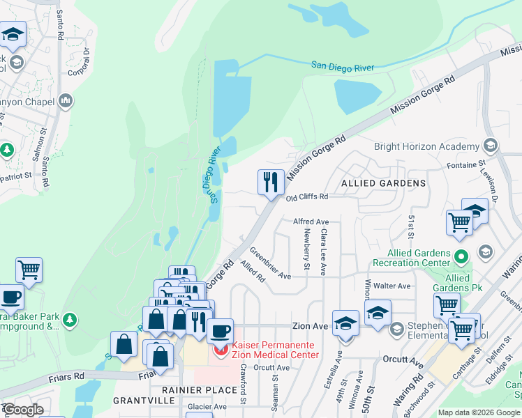 map of restaurants, bars, coffee shops, grocery stores, and more near 6902 Mission Gorge Road in San Diego
