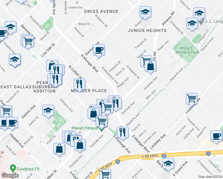 map of restaurants, bars, coffee shops, grocery stores, and more near 5119 Reiger Avenue in Dallas