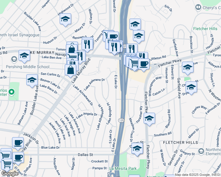 map of restaurants, bars, coffee shops, grocery stores, and more near 6451 Lake Mere Court in San Diego