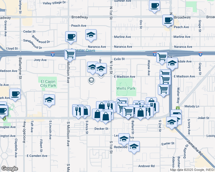 map of restaurants, bars, coffee shops, grocery stores, and more near 390 North 1st Street in El Cajon