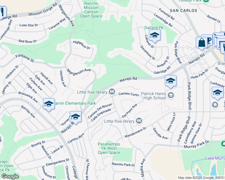 map of restaurants, bars, coffee shops, grocery stores, and more near 6244 Camino Largo in San Diego