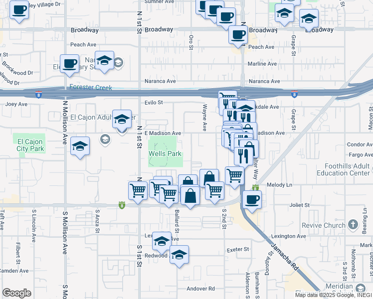 map of restaurants, bars, coffee shops, grocery stores, and more near 393 Orlando Street in El Cajon