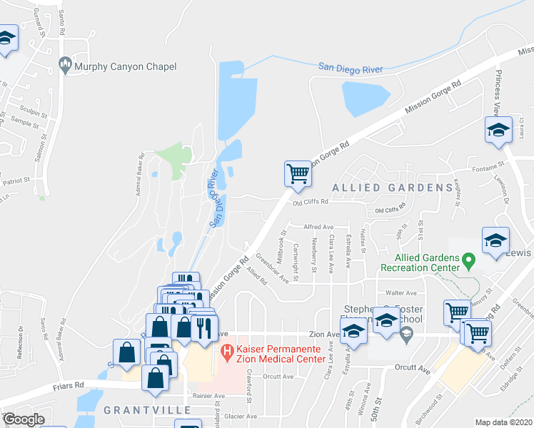 map of restaurants, bars, coffee shops, grocery stores, and more near 6902 Mission Gorge Road in San Diego