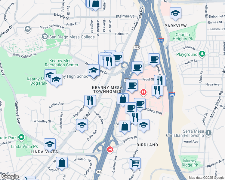 map of restaurants, bars, coffee shops, grocery stores, and more near 7675 Family Circle in San Diego