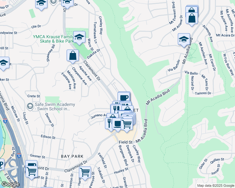 map of restaurants, bars, coffee shops, grocery stores, and more near 3135 Clairemont Drive in San Diego