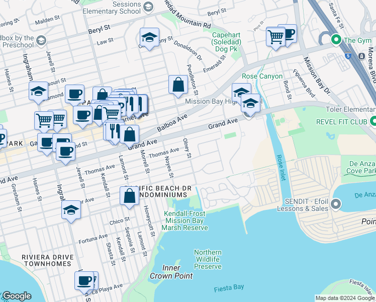 map of restaurants, bars, coffee shops, grocery stores, and more near 2157 Thomas Avenue in San Diego