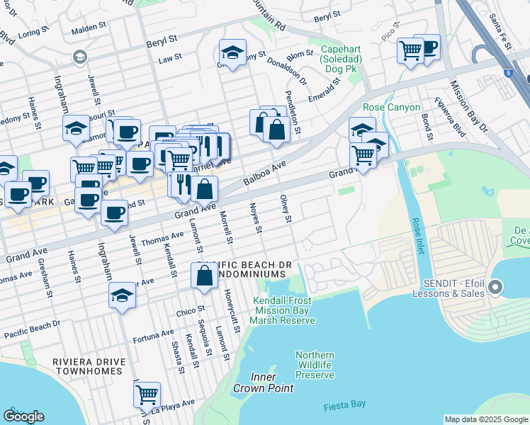 map of restaurants, bars, coffee shops, grocery stores, and more near 2157 Thomas Avenue in San Diego