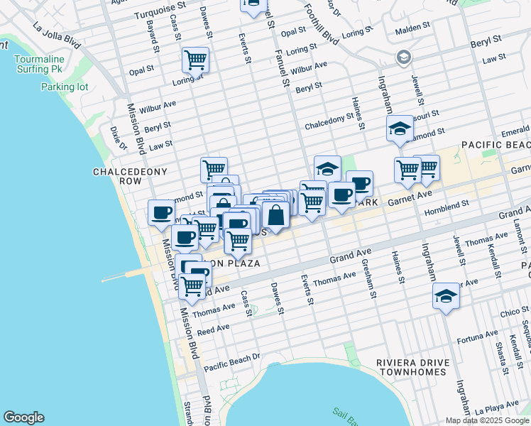 map of restaurants, bars, coffee shops, grocery stores, and more near 1078 Felspar Street in San Diego