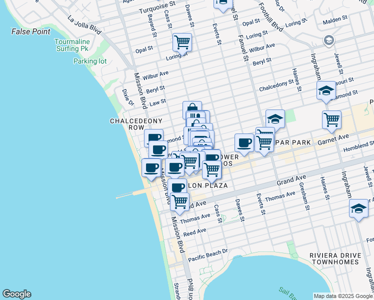 map of restaurants, bars, coffee shops, grocery stores, and more near 930 Emerald Street in San Diego