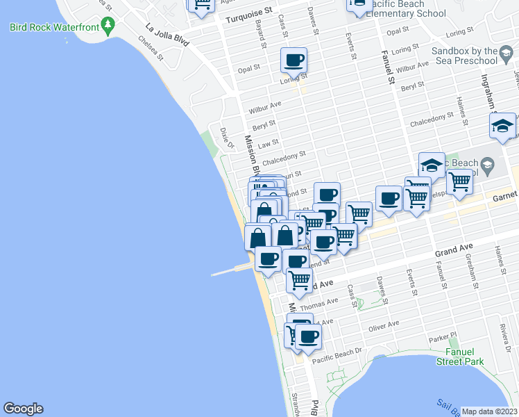 map of restaurants, bars, coffee shops, grocery stores, and more near in San Diego