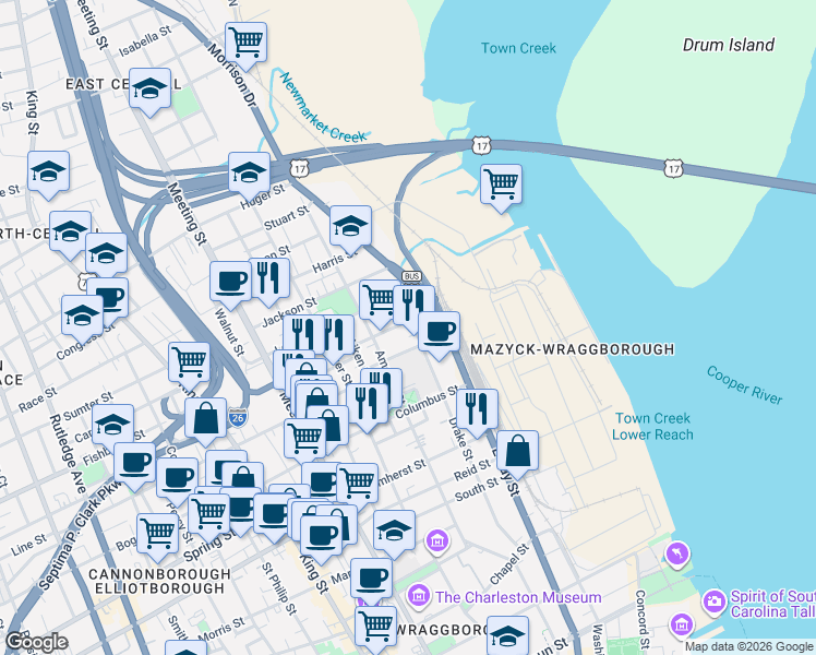 map of restaurants, bars, coffee shops, grocery stores, and more near 33 Cooper Street in Charleston