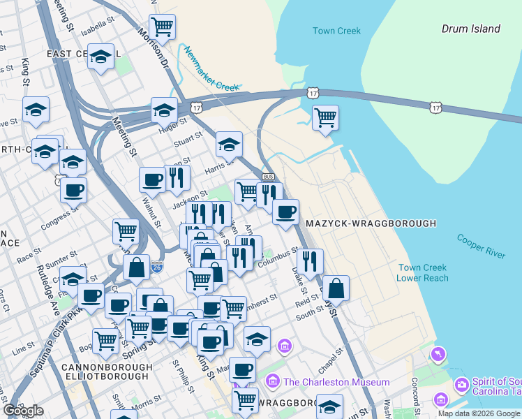 map of restaurants, bars, coffee shops, grocery stores, and more near 33 Cooper Street in Charleston