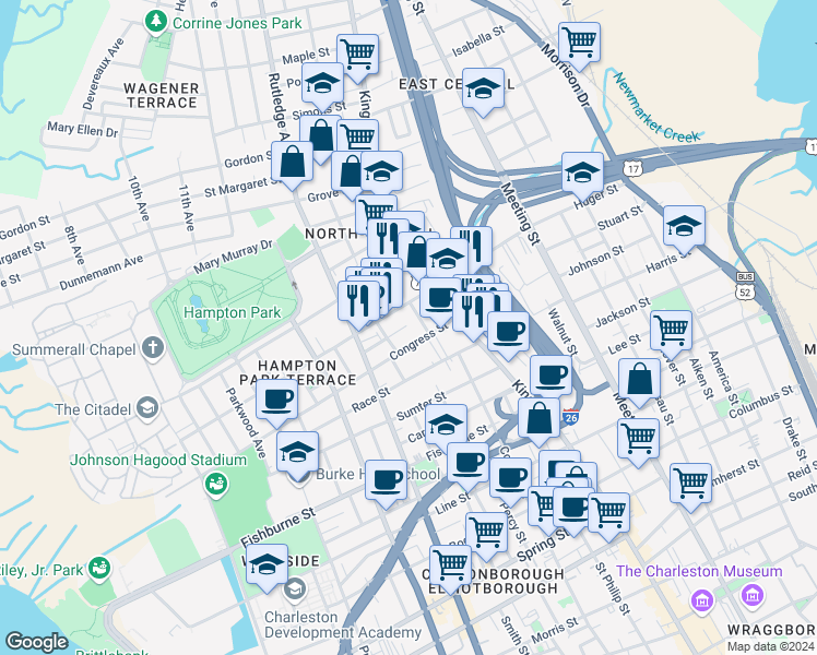 map of restaurants, bars, coffee shops, grocery stores, and more near 1 Dingle Street in Charleston
