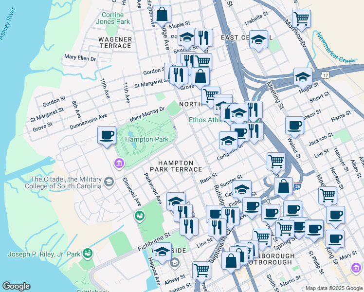 map of restaurants, bars, coffee shops, grocery stores, and more near 81 Moultrie Street in Charleston