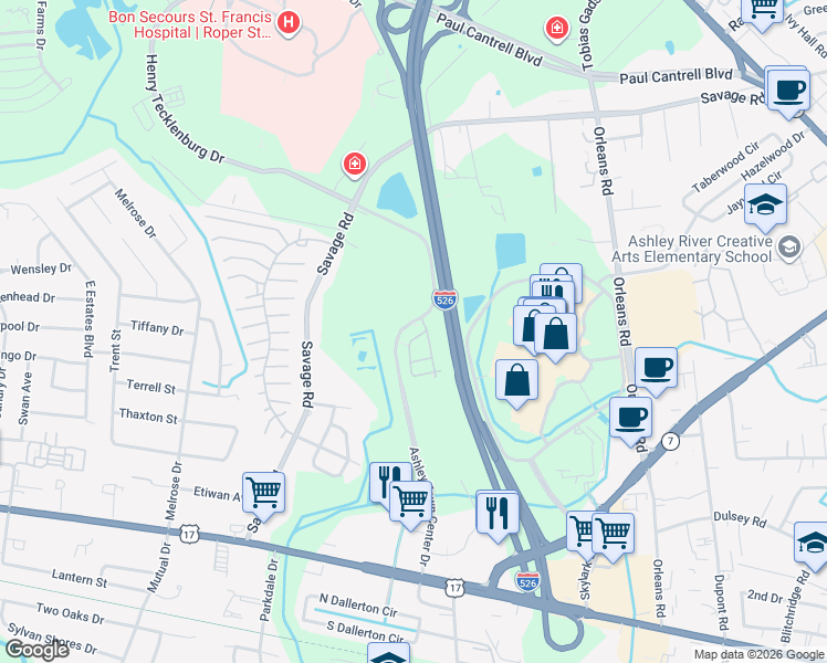 map of restaurants, bars, coffee shops, grocery stores, and more near 3100 Ashley Town Center Drive in Charleston