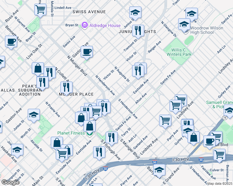 map of restaurants, bars, coffee shops, grocery stores, and more near 5314 Columbia Avenue in Dallas