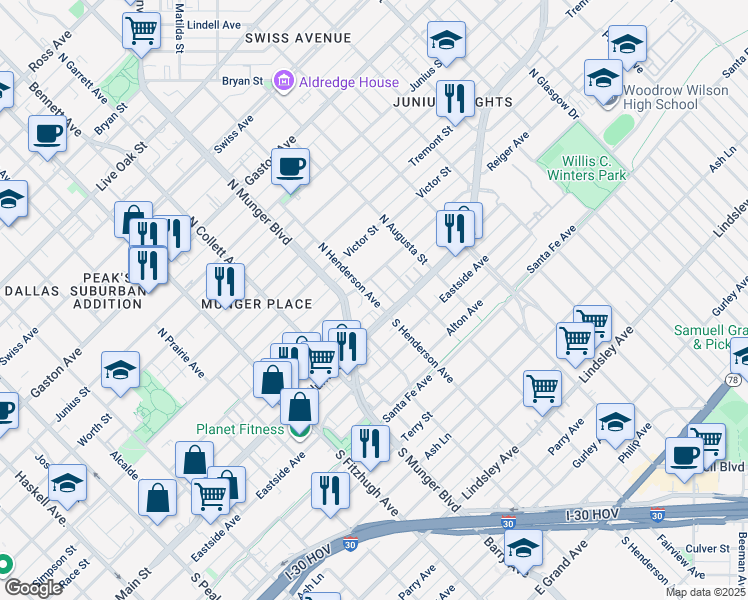 map of restaurants, bars, coffee shops, grocery stores, and more near 223 North Henderson Avenue in Dallas