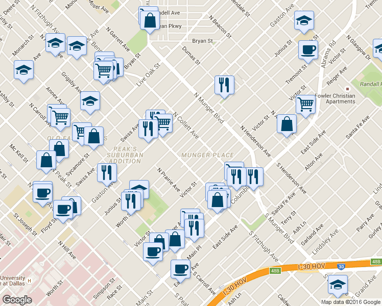map of restaurants, bars, coffee shops, grocery stores, and more near 4920 Worth Street in Dallas