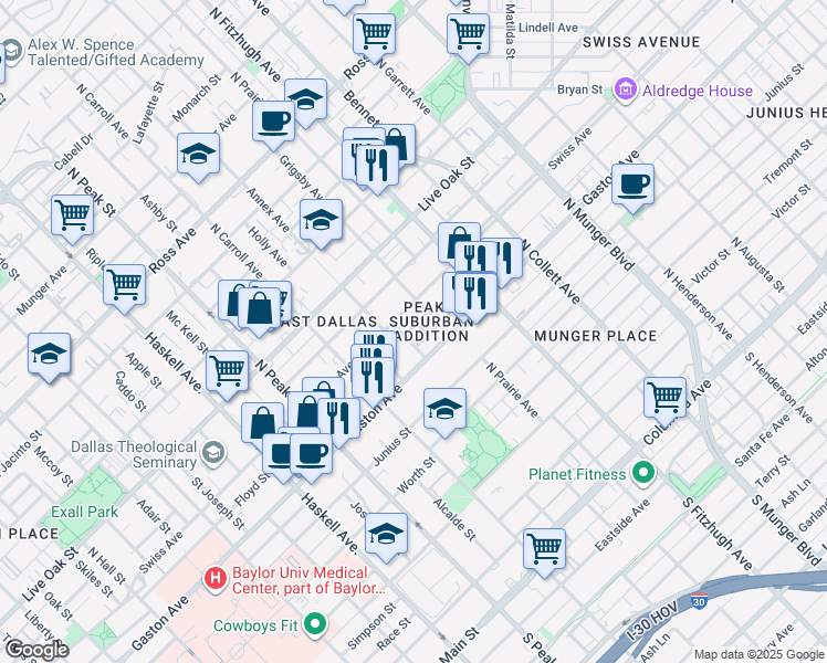 map of restaurants, bars, coffee shops, grocery stores, and more near 1002 Annex Avenue in Dallas