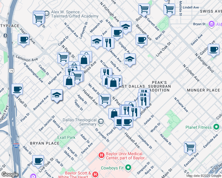 map of restaurants, bars, coffee shops, grocery stores, and more near 4316 Bryan Street in Dallas