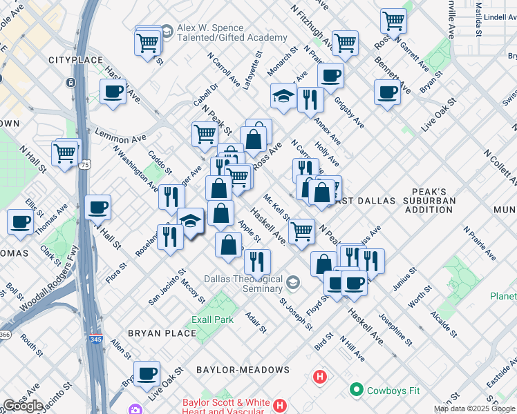 map of restaurants, bars, coffee shops, grocery stores, and more near 4112 San Jacinto Street in Dallas