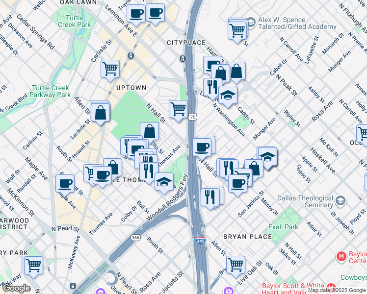 map of restaurants, bars, coffee shops, grocery stores, and more near 2200 North Hall Street in Dallas