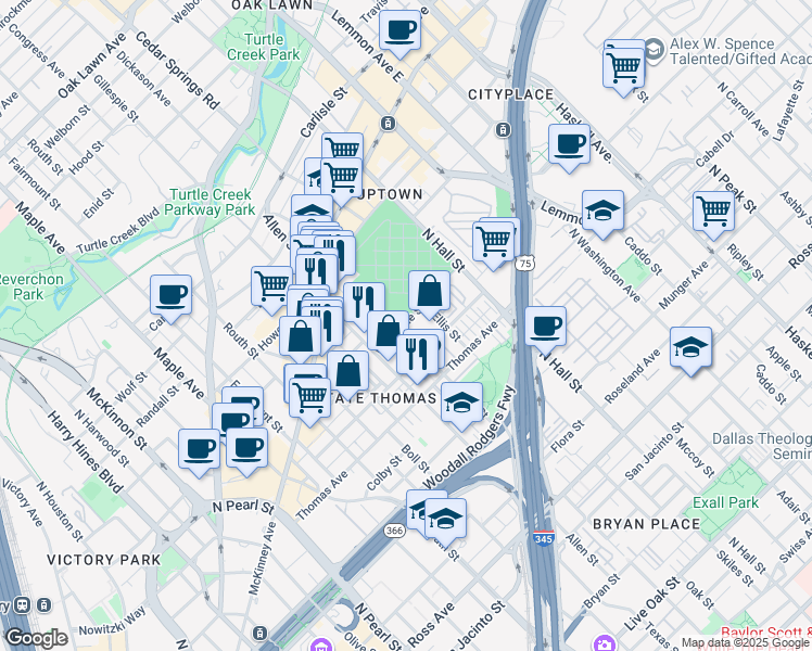 map of restaurants, bars, coffee shops, grocery stores, and more near 2429 Clark Street in Dallas