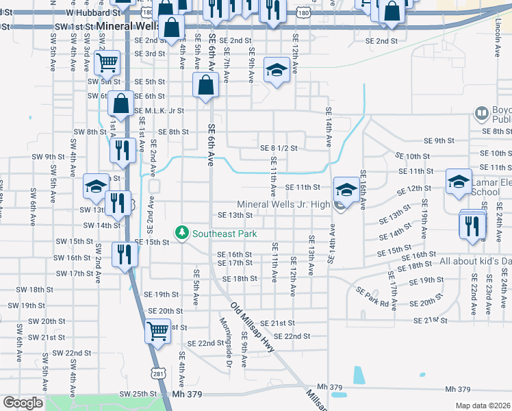 map of restaurants, bars, coffee shops, grocery stores, and more near 908 Southeast 12th Street in Mineral Wells