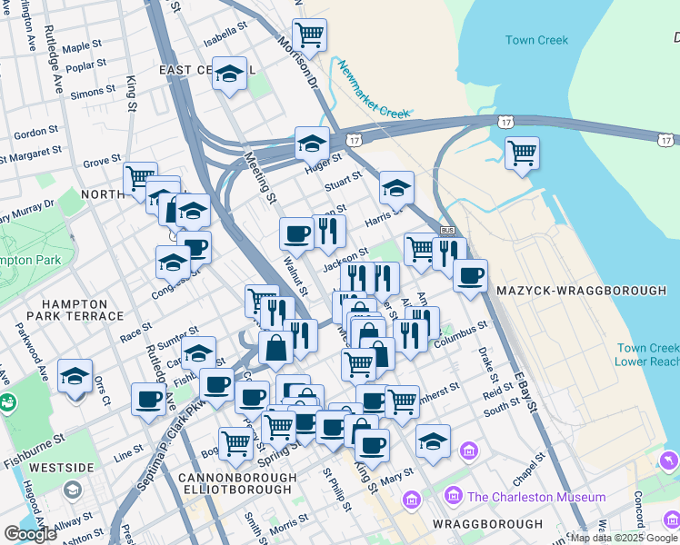 map of restaurants, bars, coffee shops, grocery stores, and more near 201 Nassau Street in Charleston
