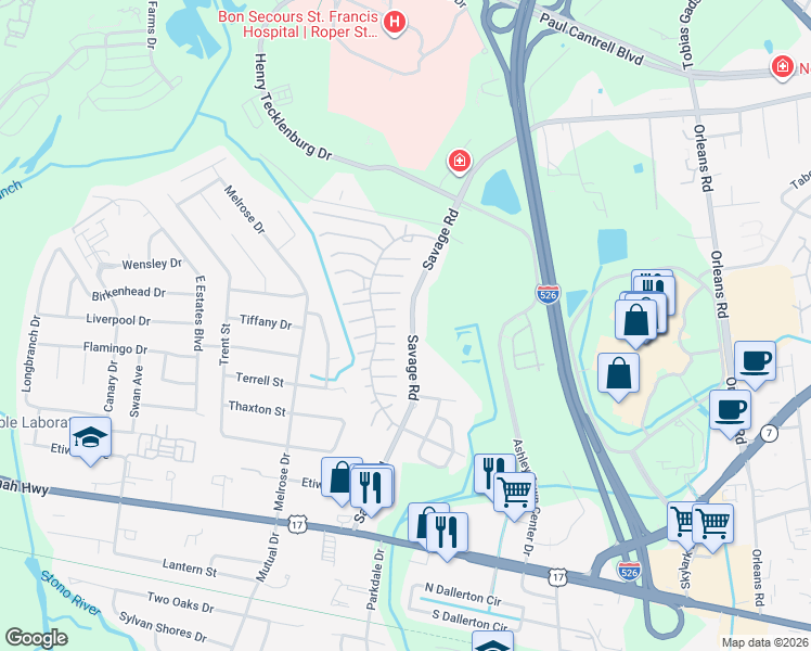 map of restaurants, bars, coffee shops, grocery stores, and more near 843 Savage Road in Charleston