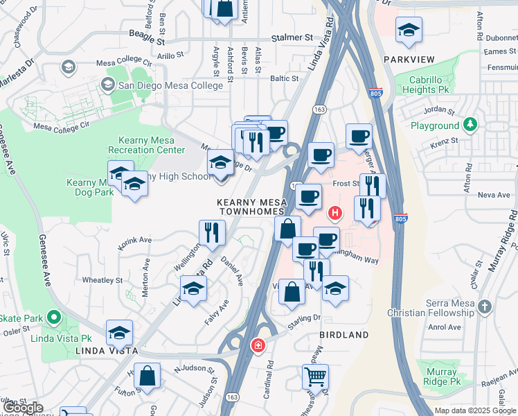 map of restaurants, bars, coffee shops, grocery stores, and more near 7613 Family Circle in San Diego
