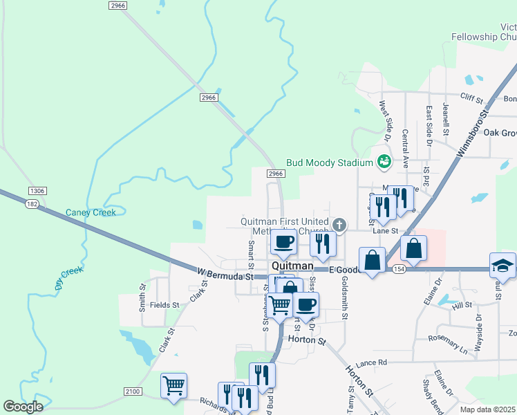 map of restaurants, bars, coffee shops, grocery stores, and more near 413 Stephens Street in Quitman
