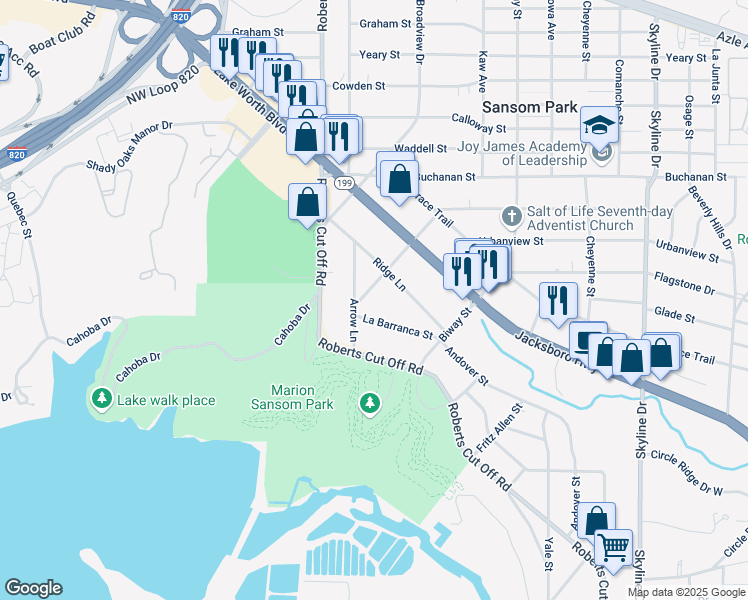 map of restaurants, bars, coffee shops, grocery stores, and more near 2512 Norfleet Street in Fort Worth