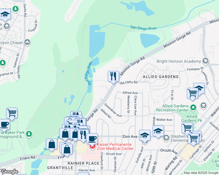 map of restaurants, bars, coffee shops, grocery stores, and more near 6902 Mission Gorge Road in San Diego