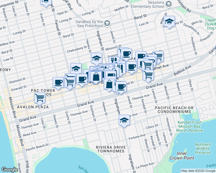 map of restaurants, bars, coffee shops, grocery stores, and more near 1550 Hornblend Street in San Diego