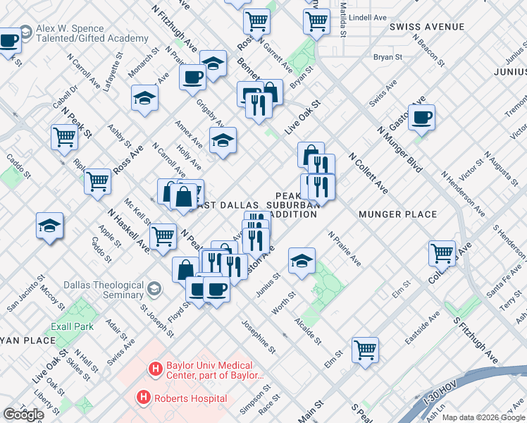 map of restaurants, bars, coffee shops, grocery stores, and more near Swiss Ave & Annex Ave in Dallas
