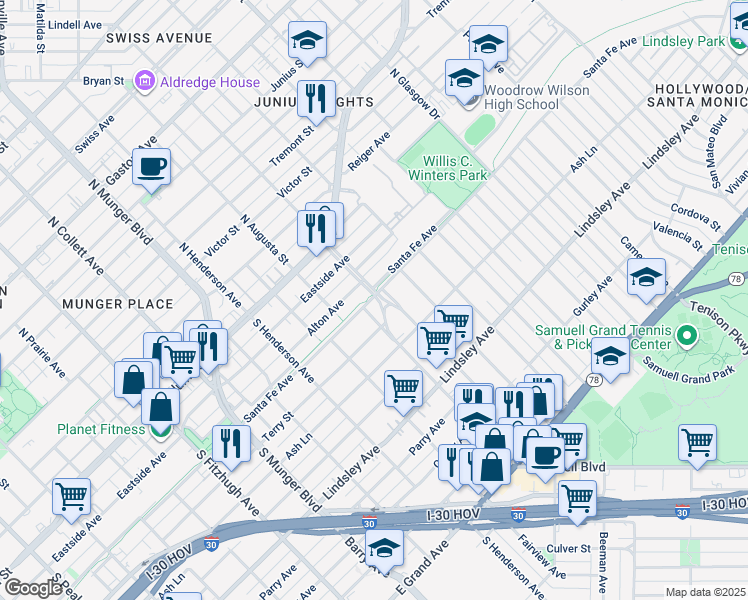map of restaurants, bars, coffee shops, grocery stores, and more near 5510 Santa Fe Avenue in Dallas