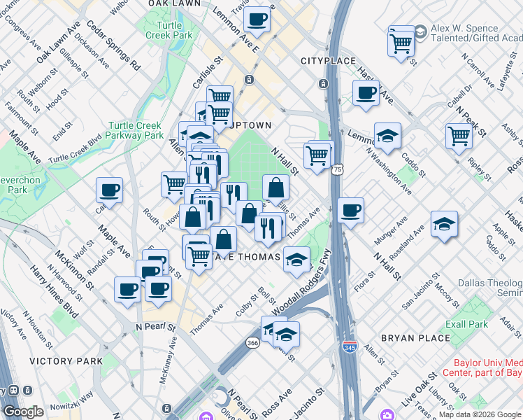 map of restaurants, bars, coffee shops, grocery stores, and more near 3006 Woodside Street in Dallas