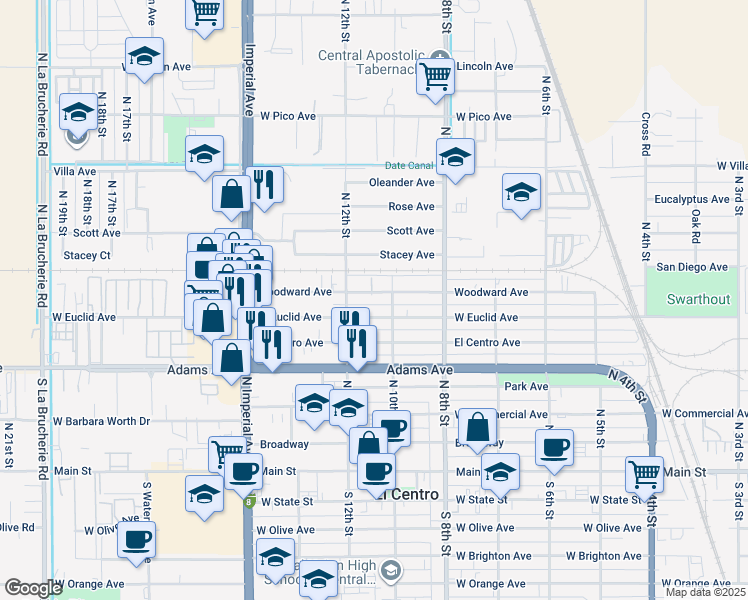 map of restaurants, bars, coffee shops, grocery stores, and more near 1035 Woodward Avenue in El Centro