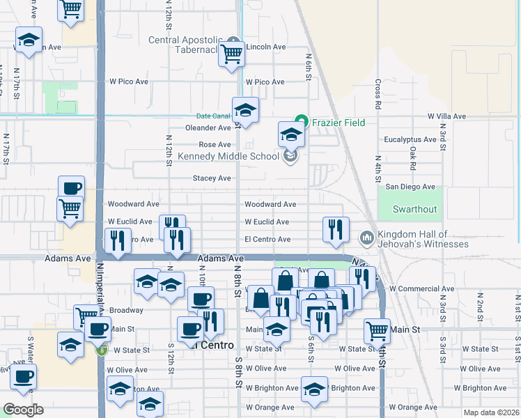 map of restaurants, bars, coffee shops, grocery stores, and more near 735 Woodward Avenue in El Centro