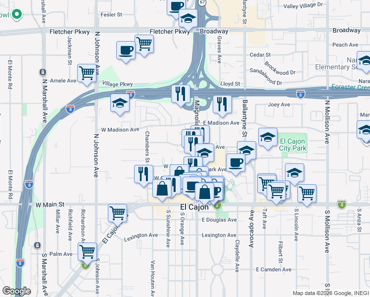 map of restaurants, bars, coffee shops, grocery stores, and more near 241 Wisconsin Avenue in El Cajon