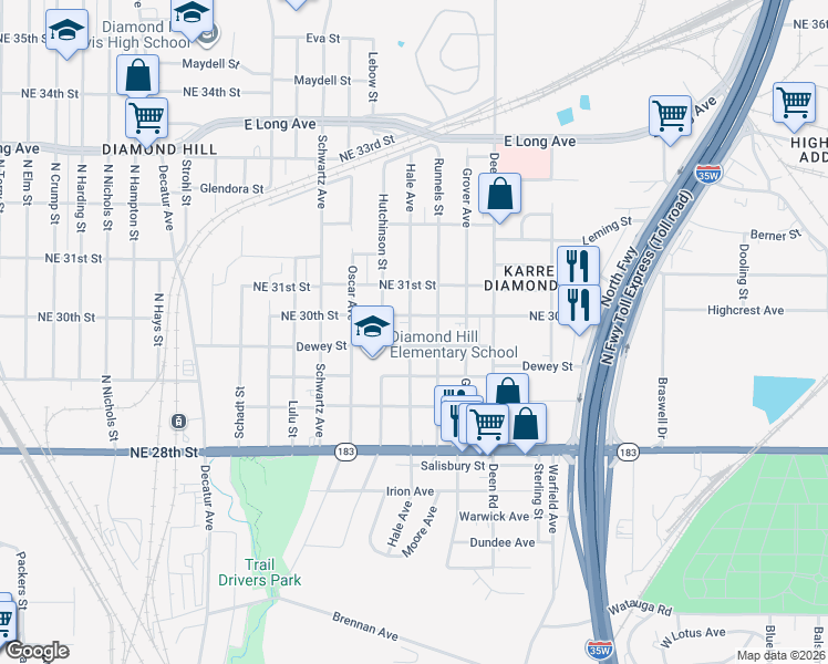 map of restaurants, bars, coffee shops, grocery stores, and more near 3054 Hale Avenue in Fort Worth